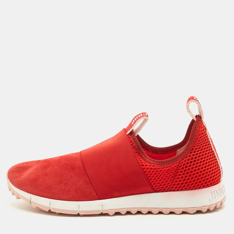 Jimmy Choo Oakland Size 39.5 Red Mesh And Suede Slip On Sneakers